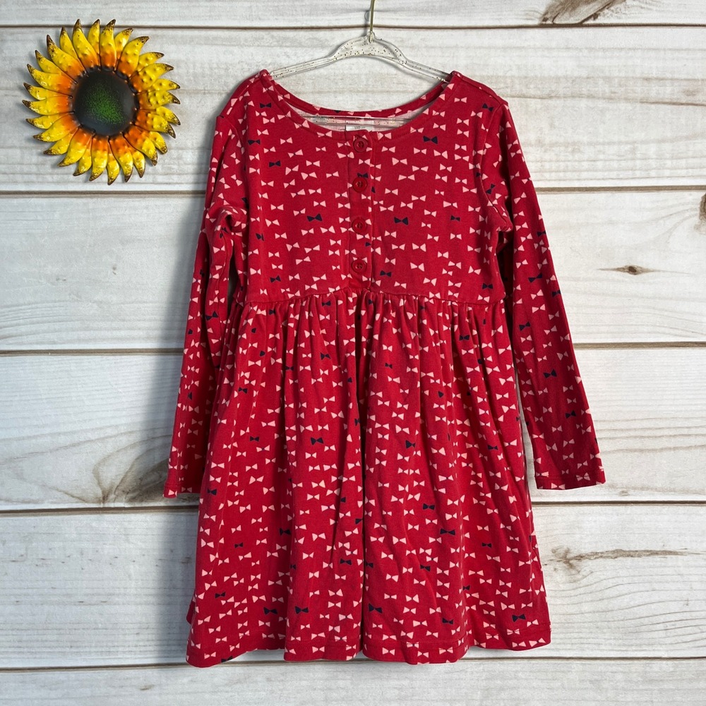 Hanna Andersson Red Bow Print Long Sleeve Cotton Dress 110 5